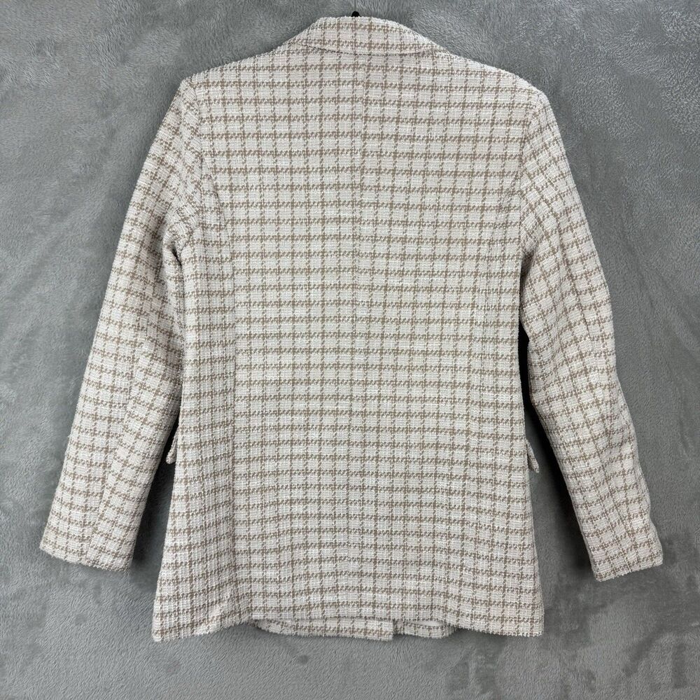 Tweed Double Breasted Blazer Suit Jacket White Brown Longer Length Women's S - Picture 2 of 12